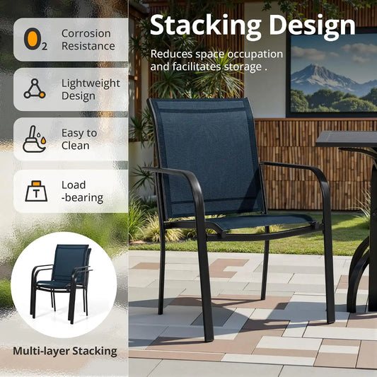 SUNCROWN 8 - Piece Outdoor Dining Set, Patio Furniture Set with 6 Textilene Dinning Chairs, 53" Metal Round Table and 1 Sky Blue 9Ft Patio Umbrella for Lawn Garden Backyard Deck, Blue