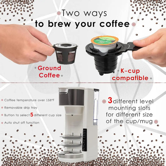 Single Serve Coffee Maker, 2 in 1 for Ground Coffee&Pods, 180s Rapid Brew with 5 Cup Sizes 6-14oz, Auto Shut Off, Small Compact Travel Coffee Machine for Home Office Camping