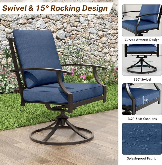 ALAULM 7-Piece Patio Dining Set with 14FT Patio Umbrella,Outdoor Dining Set with 6 Swivel Chairs & Rectangle Table with1.5 Umbrella Hole, Patio Dining Table and Chairs for Backyard,DarkBlue