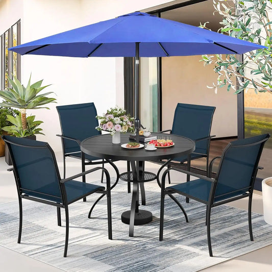 SUNCROWN 6 - Piece Outdoor Dining Set, Patio Furniture Set with 4 Textilene Dinning Chairs, 41" Metal Round Table and 1 Dark Blue 9Ft Patio Umbrella for Lawn Garden Backyard Deck, Blue