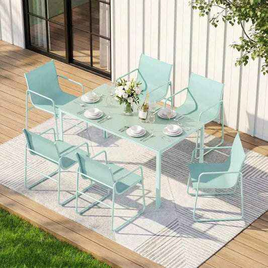 ONBRILL 7 Piece Patio Dining Set for 6 with Textilene Chairs, Aqua