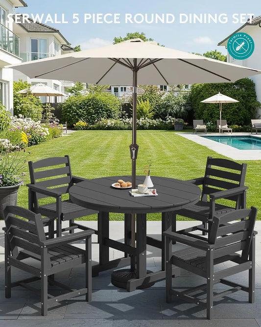SERWALL 5-Piece HDPE Round Dining Set, 45" Table, 4 Chairs, Black