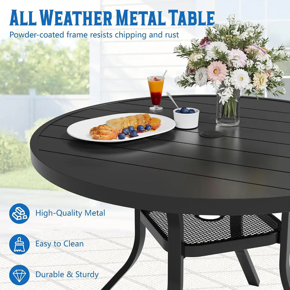 SUNCROWN 5-Piece Outdoor Dining Set, Patio Furniture Set with 4 x Textilene Dinning Chairs and 41" Metal Round Table with Umbrella Hole for Lawn Garden Backyard Deck, Blue