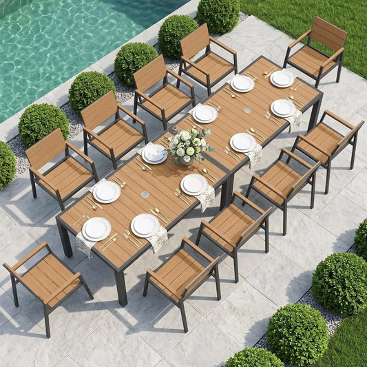 Vexwalx 12 Pcs Outdoor Dining Set, 67" HDPS Dining Set for 10, Gray-Teak