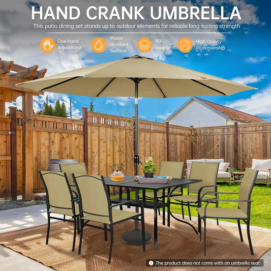 SUNCROWN 8 - Piece Outdoor Dining Set, Patio Furniture Set with 6 Textilene Dinning Chairs, 1 Rectangle Metal Table and 1 Brown 9Ft Patio Umbrella for Lawn Garden Backyard Deck, Brown