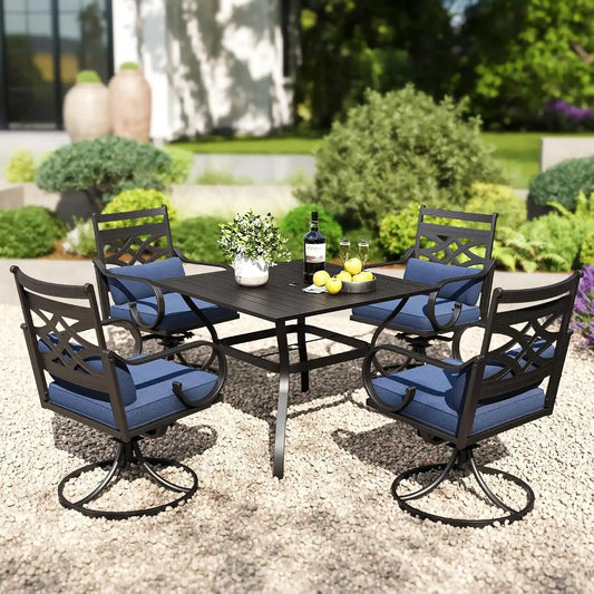 PHI VILLA Patio Dining Set, Swivel Chairs, 37" Square Metal Table