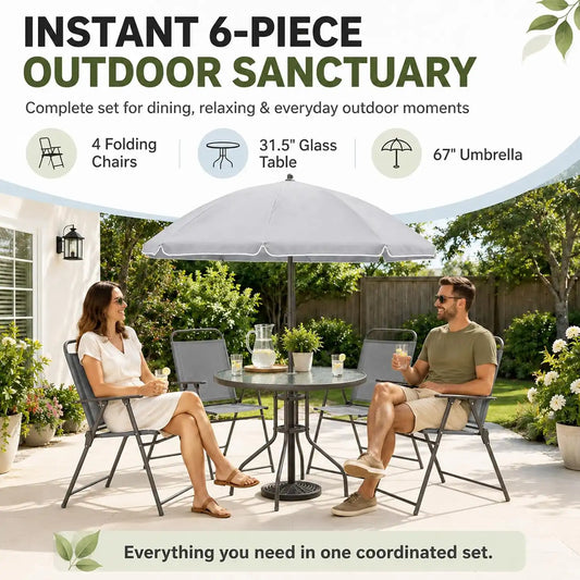 6-Piece Patio Dining Set for 4 with Umbrella, Gray