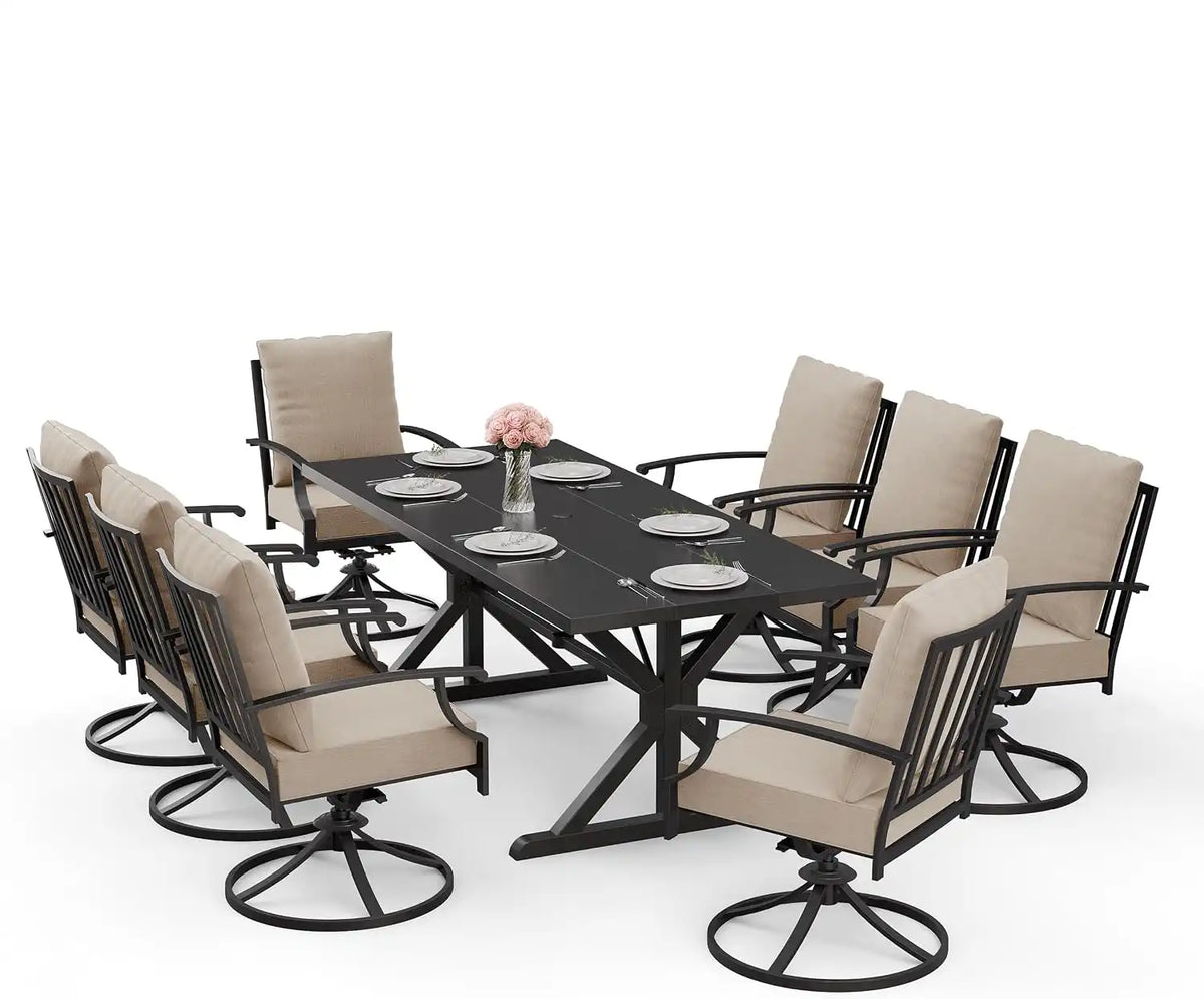 ALAULM 9-Piece Patio Dining Set,Outdoor Metal Dining Set with 8 Swivel Chairs & Rectangle Table with 1.5 Umbrella Hole, Patio Dining Table and Chairs for Backyard, Sand