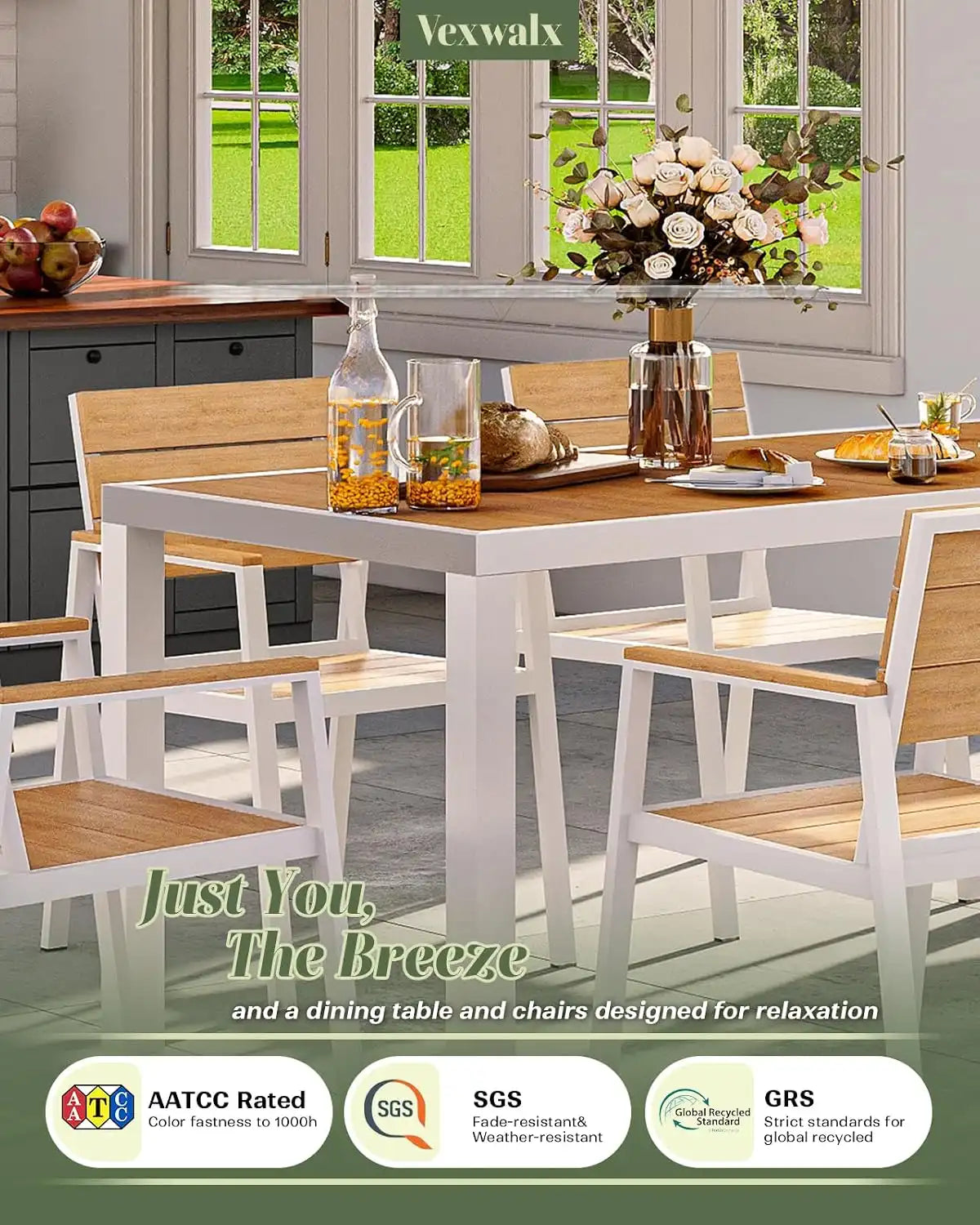 Vexwalx Outdoor Dining Set, Aluminum Dining Table Set for 6, Patio Table and Chairs Set with Umbrella Hole, All Weather HDPS Outdoor Table and Chairs for 6 (7-Piece, White-Teak)
