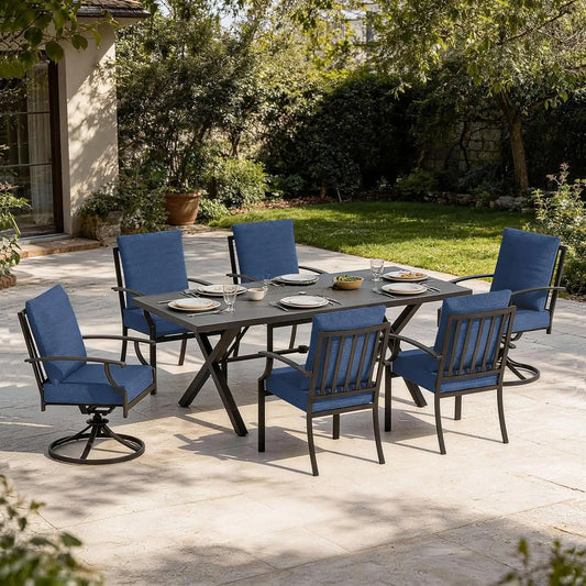7 PCS Outdoor Patio Dining Set,Patio Table and Chairs Metal Outdoor Patio Furniture Set with Umbrella Hole,Dining Table Set with Swivel Chairs for Deck,Backyard and Garden,Navy Blue