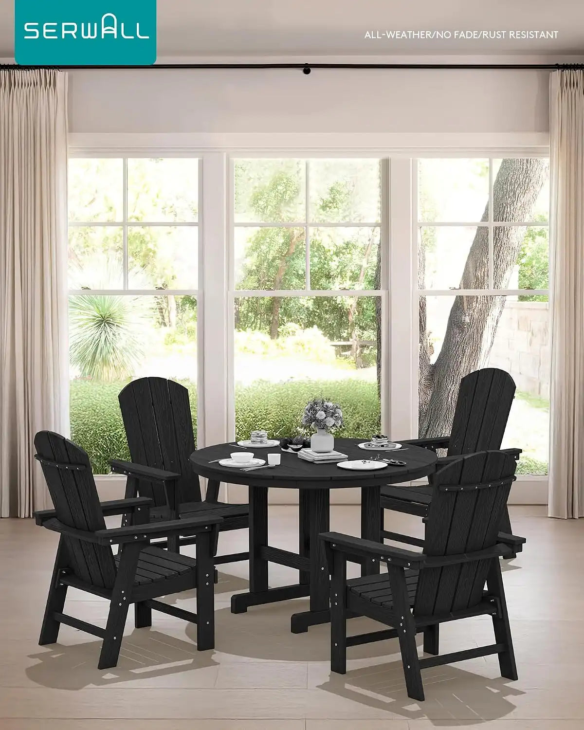 SERWALL 5-Piece Patio Dining Set, 45" Table & 4 Adirondack Chairs, Black