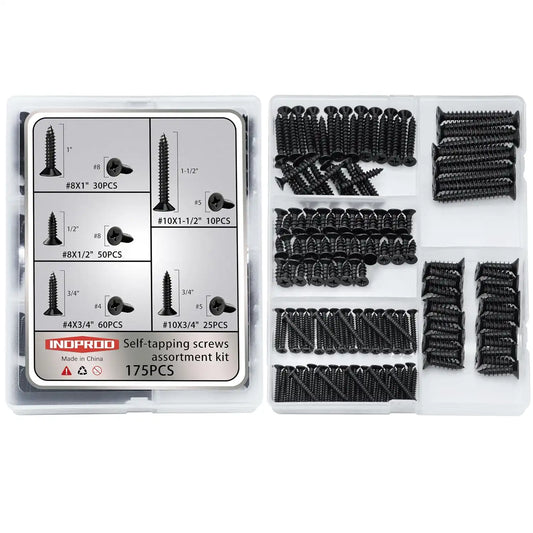 #4#8#10 Wood Screws Assortment Kit 175pcs, Phillips Flat Head Self Tapping Screws, Black Zinc Plated, Carbon Steel, Assorted Screws for Metal & Wood, Black Wood Screws - 1/2",3/4",1",1-1/2"