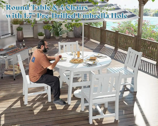 AMERLIFE Outdoor Dining Set for 4, HDPE Round Table and Chairs, White