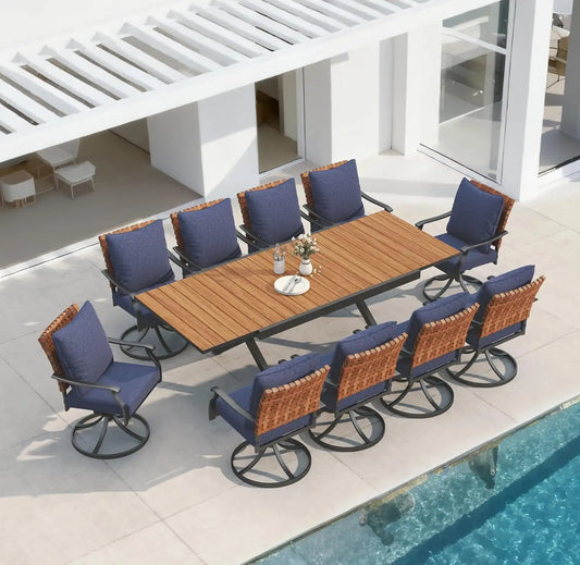 Grand patio 11-Pc Outdoor Swivel Dining Set, 10 Blue Chairs + Table, Brown