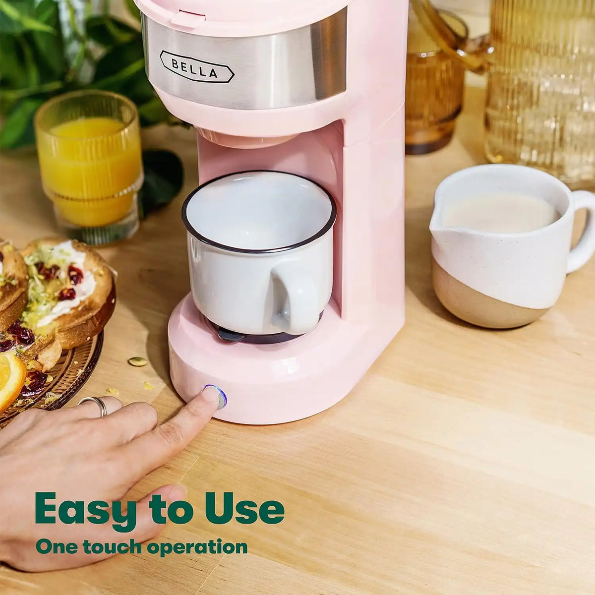 BELLA Dual Brew Single Serve Coffee Maker, Brews both Kcup and Ground Coffee, Large 14oz Capacity, Easy One Touch, Auto Shutoff, Pink