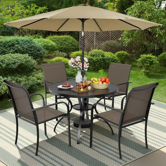 SUNCROWN 6 - Piece Outdoor Dining Set, Patio Furniture Set with 4 Textilene Dinning Chairs, 41" Metal Round Table and 1 Brown 9Ft Patio Umbrella for Lawn Garden Backyard Deck, Brown