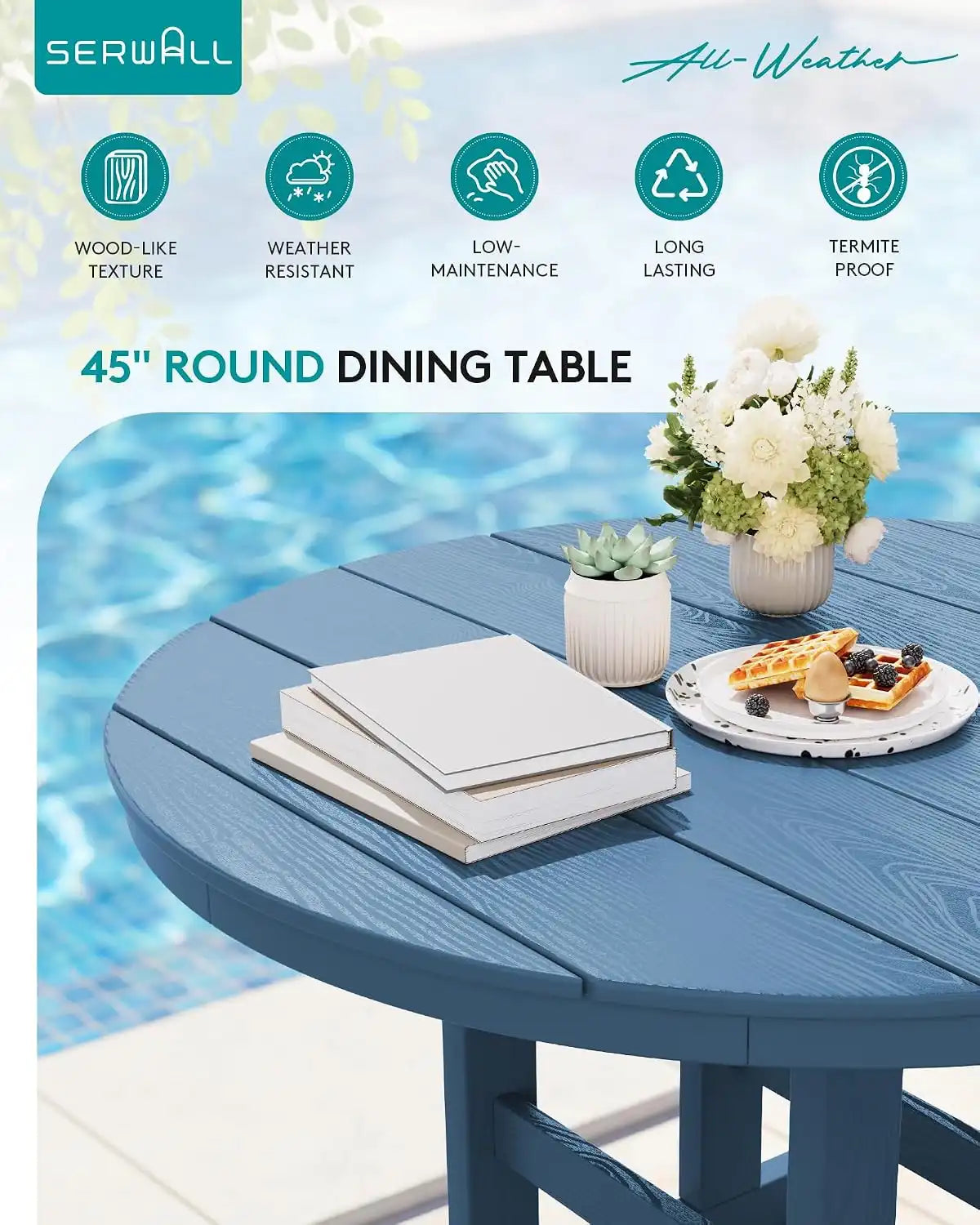 SERWALL 6-Pc Dining Set, 45" Table, 4 Chairs&9FT Umbrella, Navy (No Base)