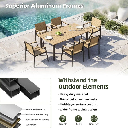 Outdoor Table and Chairs for 6 Aluminum Patio Dining Set with Umbrella Hole