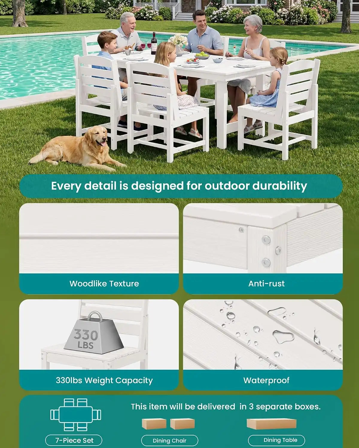 SERWALL Armless Outdoor Dining Set, Patio Dining Set for 6, White