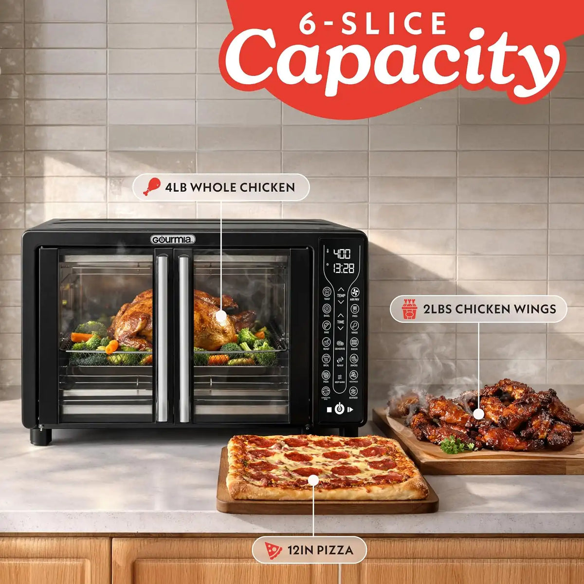 Gourmia Toaster Oven - 6-Slice Capacity, Digital Display, Black
