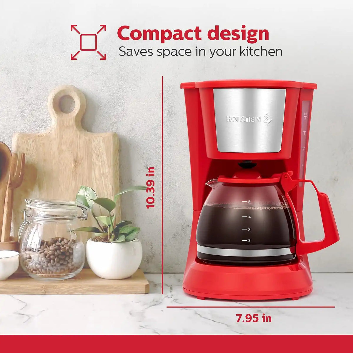 Holstein Housewares - 5 Cup Drip Coffee Maker - Convenient and User Friendly with Permanent Filter, Borosilicate Glass Carafe, Water Level Indicator, Auto Pause/Serve and Keep Warm Functions, Red