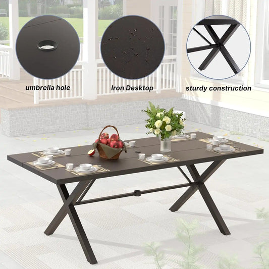 7 PCS Outdoor Patio Dining Set,Patio Table and Chairs Metal Outdoor Patio Furniture Set with Umbrella Hole,Dining Table Set with 6 Chairs for Deck,Backyard and Garden,Navy Blue