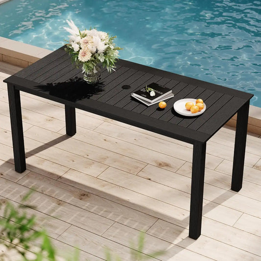 YEFU Outdoor Dining Table for 6, All-Weather HIPS, Aluminum Frame, Black