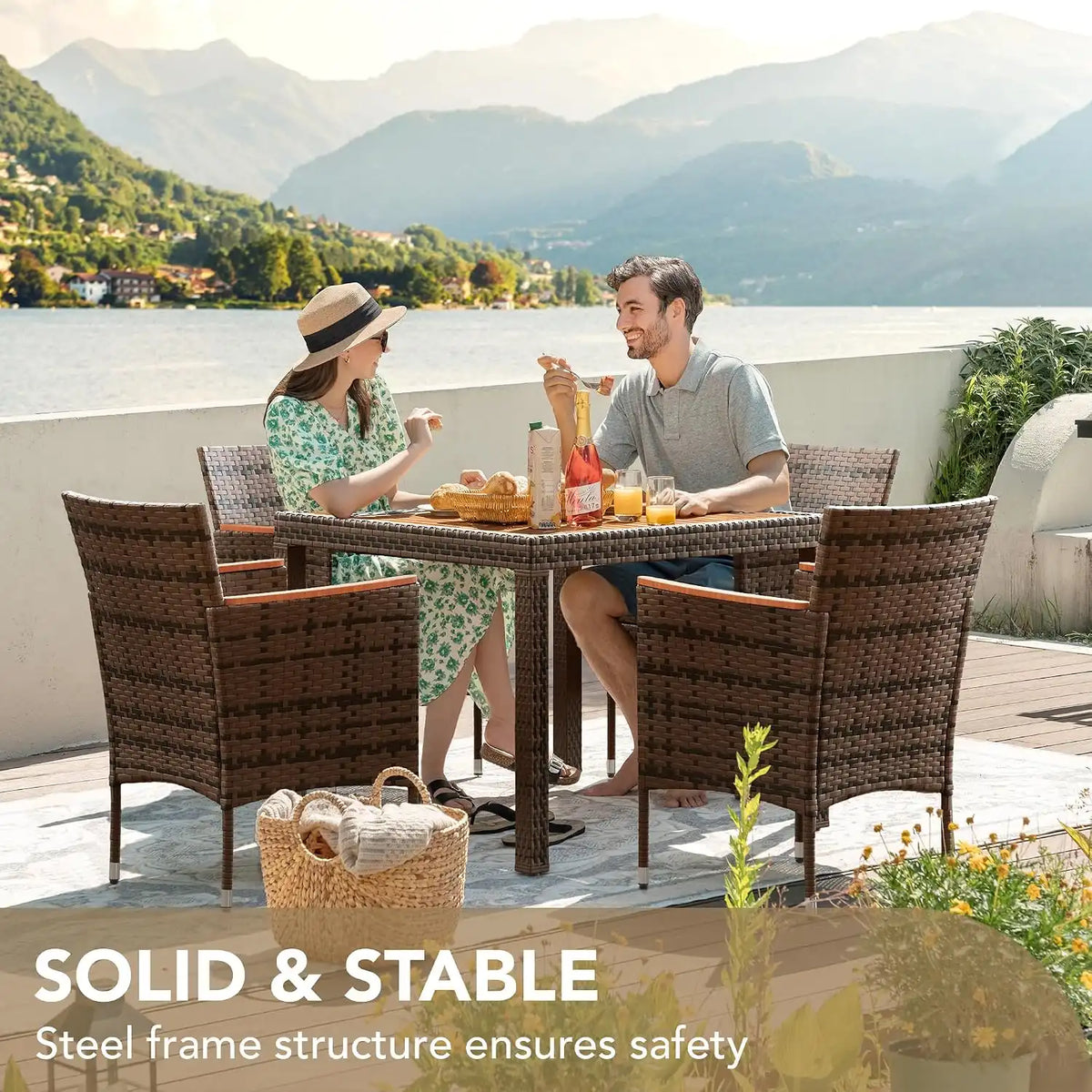 Devoko 5 PCS Acacia Wood Patio Dining Set, Brown Rattan