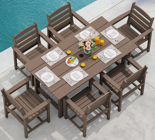 SERWALL 7 Pcs Outdoor Dining Set, 67" HDPE Dining Set for 6, Coffee