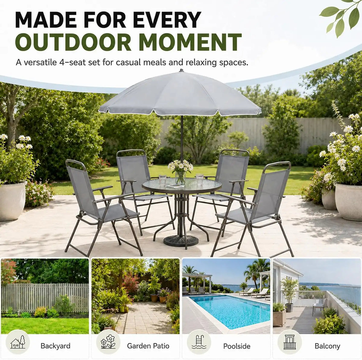 6-Piece Patio Dining Set for 4 with Umbrella, Gray