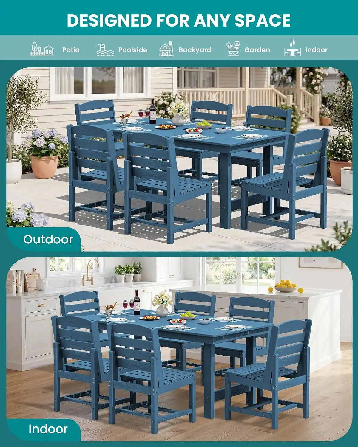 SERWALL HDPE Outdoor Dining Furniture, Outdoor Dining Set for 10, Blue