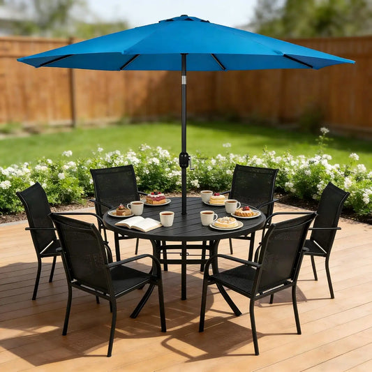SUNCROWN 8 - Piece Outdoor Dining Set, Patio Furniture Set with 6 Textilene Dinning Chairs, 53" Metal Round Table and 1 Sky Blue 9Ft Patio Umbrella for Lawn Garden Backyard Deck, Black