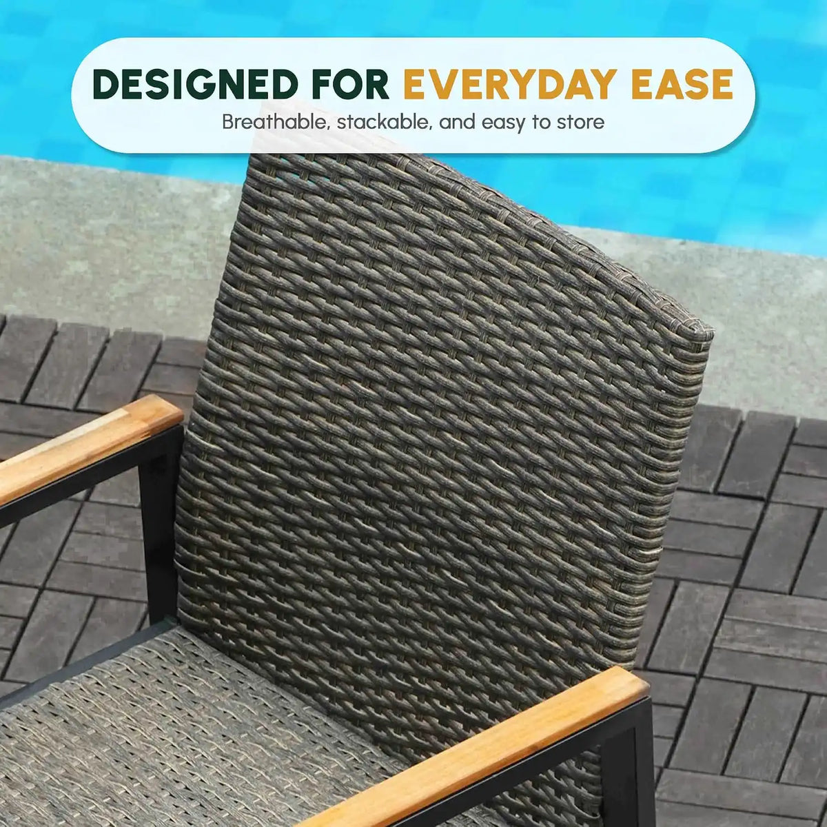 7 PCS Acacia Wood Patio Dining Set, Dark Grey Rattan
