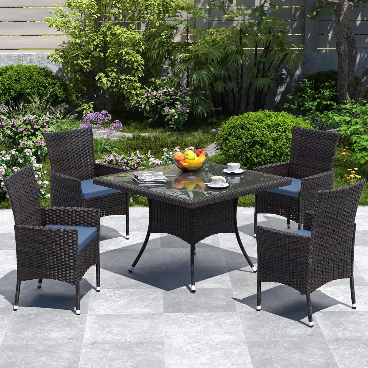 ALAULM 5 Piece Patio Dining Set All-Weather Wicker Outdoor Furniture Set w/Tempered Glass Tabletop, Removable Cushions and Umbrella Hole for Patio, Backyard, Garden, Poolside(Navy)