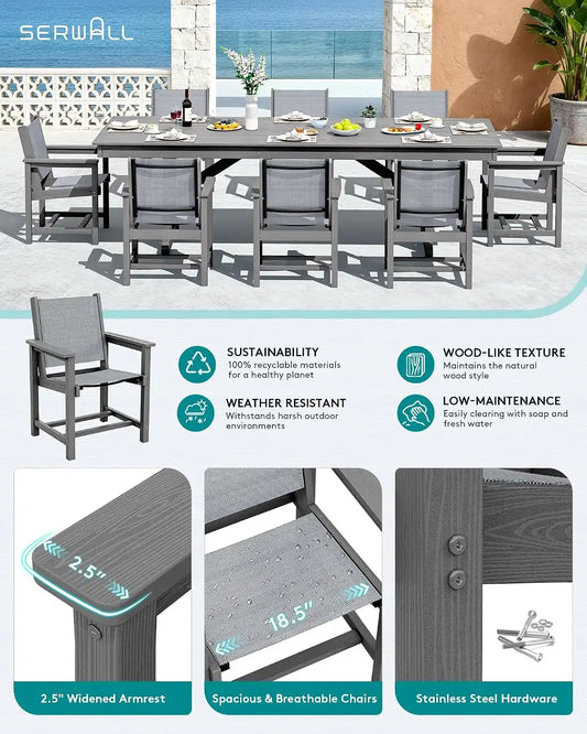SERWALL 9Pcs HDPE Outdoor Dining Set for 8 with Sling Chairs,Gray