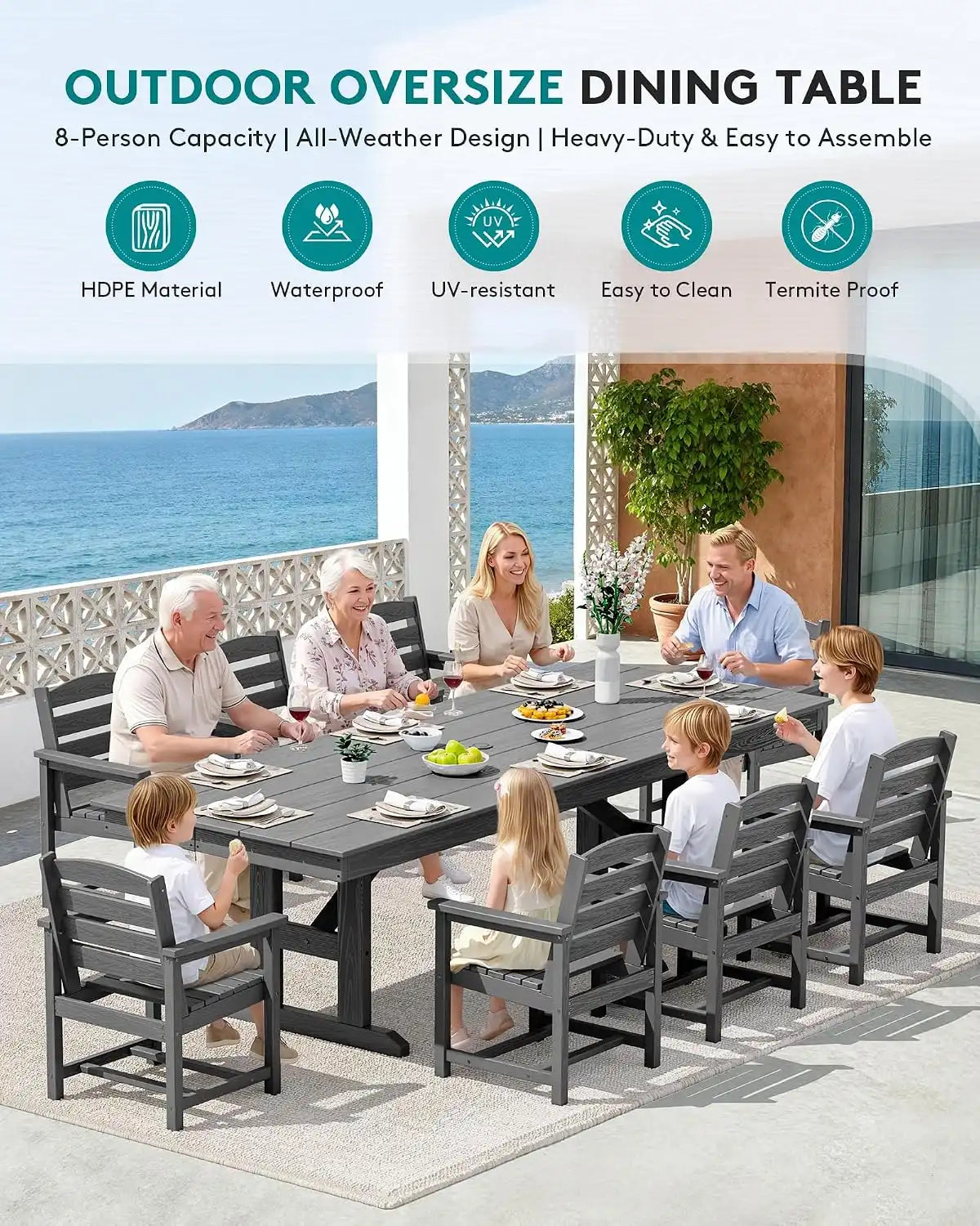 SERWALL 9Pcs 84" HDPE Outdoor Dining Set for 8 with Armchairs,Gray