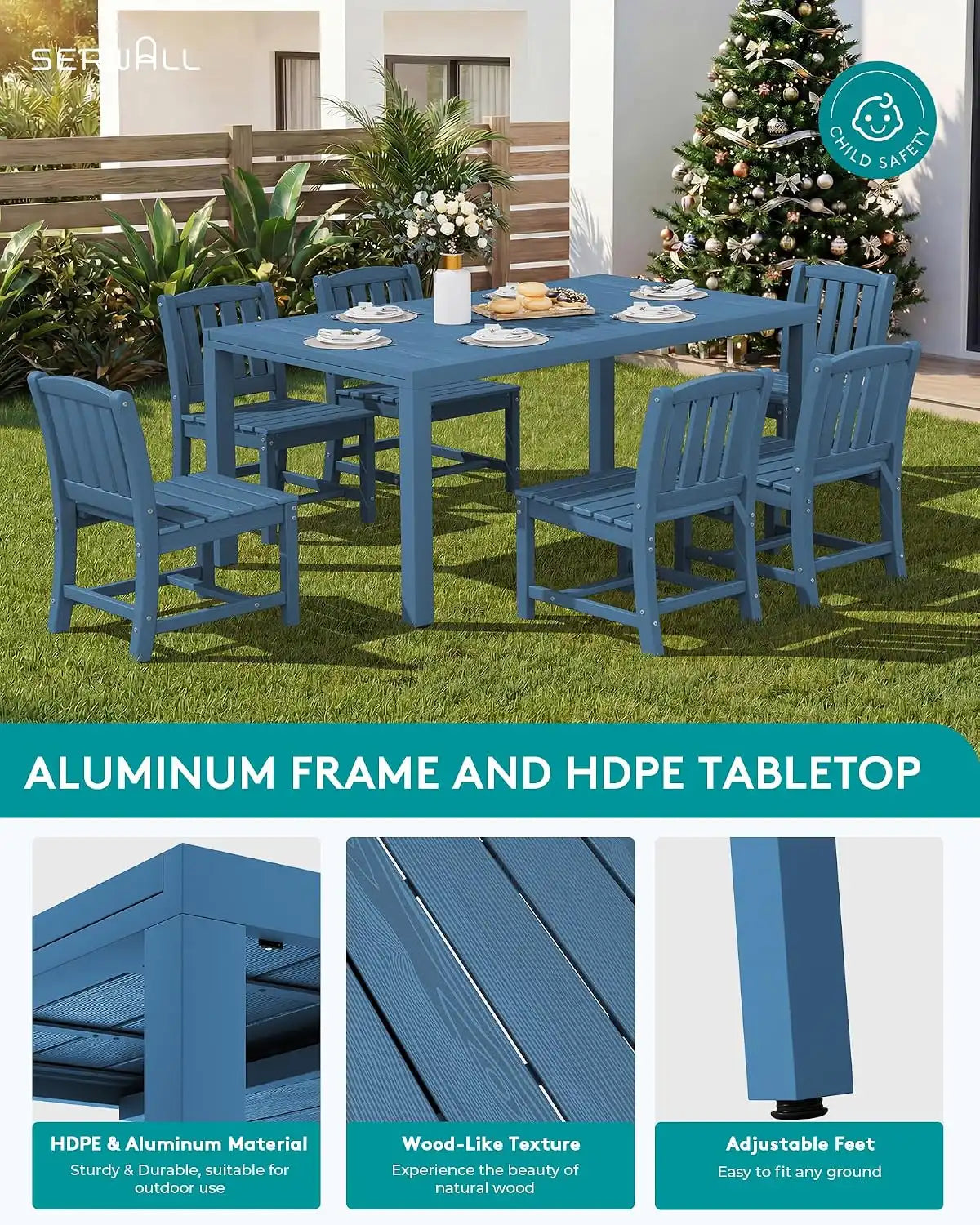 SERWALL Outdoor Expandable Dining Table 60" - 83", Blue