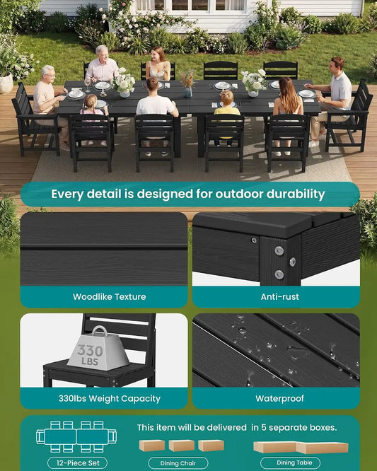 SERWALL HDPE Outdoor Dining Furniture, Outdoor Dining Set for 10, Black