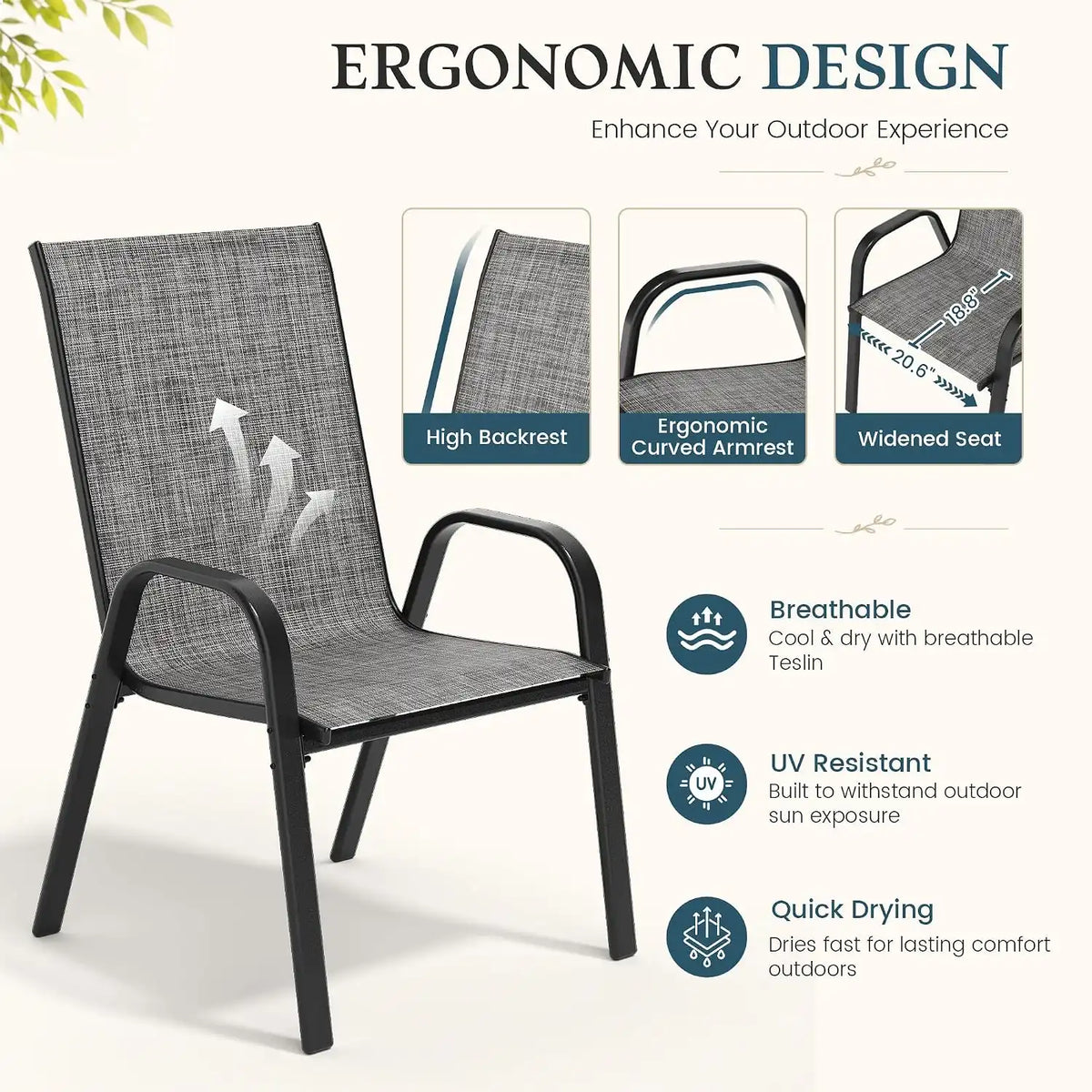 7PCS Patio Dining Set, Steel Table & 6 Textilene Chairs, Charcoal