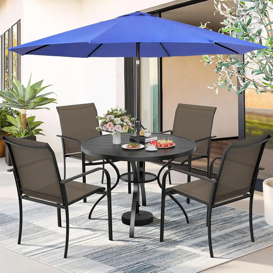 SUNCROWN 6 - Piece Outdoor Dining Set, Patio Furniture Set with 4 Textilene Dinning Chairs, 41" Metal Round Table and 1 Dark Blue 9Ft Patio Umbrella for Lawn Garden Backyard Deck, Brown