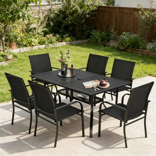 SUNCROWN 7 - Piece Outdoor Dining Set, Patio Furniture Set with 6 x Textilene Dinning Chairs and 1 Steel Slat Metal Bistro Table for Lawn Garden Backyard Deck, Black