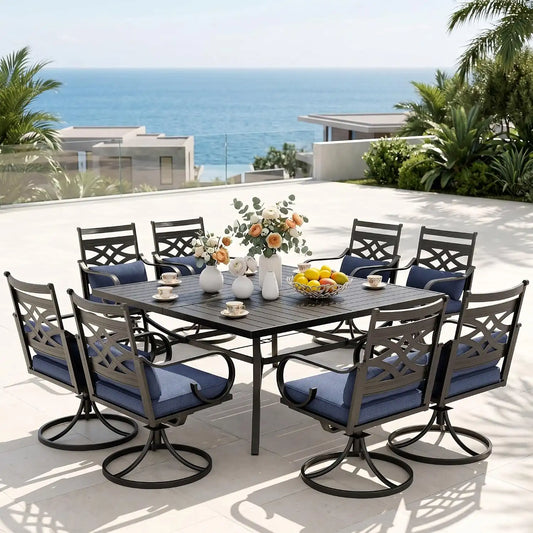 PHI VILLA 9 Piece, Outdoor Dining Set, 57.5" Square Metal Table, Blue