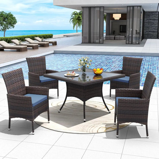 ALAULM 5 Piece Patio Dining Set All-Weather Wicker Outdoor Furniture Set w/Tempered Glass Tabletop, Removable Cushions and Umbrella Hole for Patio, Backyard, Garden, Poolside(Navy)