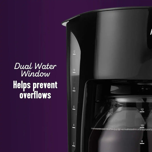 Mr. Coffee Black Coffee Maker, 12 Cups, with Auto Pause and Glass Carafe, Perfect for Home and Office Use