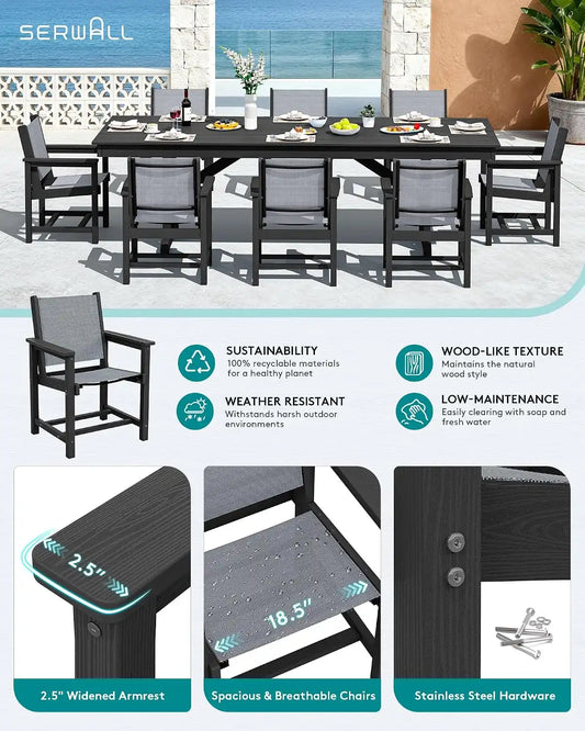 SERWALL 9Pcs HDPE Outdoor Dining Set for 8 with Sling Chairs,Black/Gray