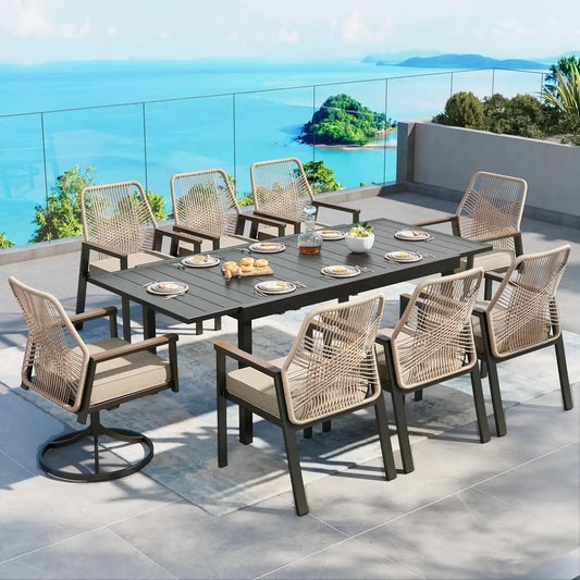 SUNSHINE VALLEY 9pc Patio Dining Set, Extendable Metal Table & 8 Chairs