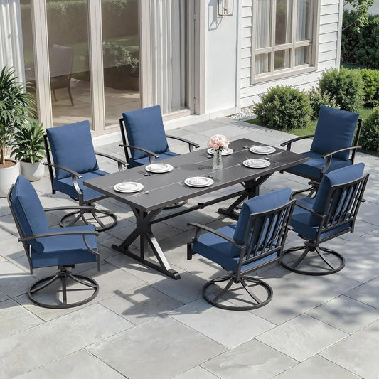 ALAULM 7-Piece Patio Dining Set,Outdoor Metal Dining Set with 6 Swivel Chairs & Rectangle Table with 1.5 Umbrella Hole, Patio Dining Table and Chairs for Backyard,Navy