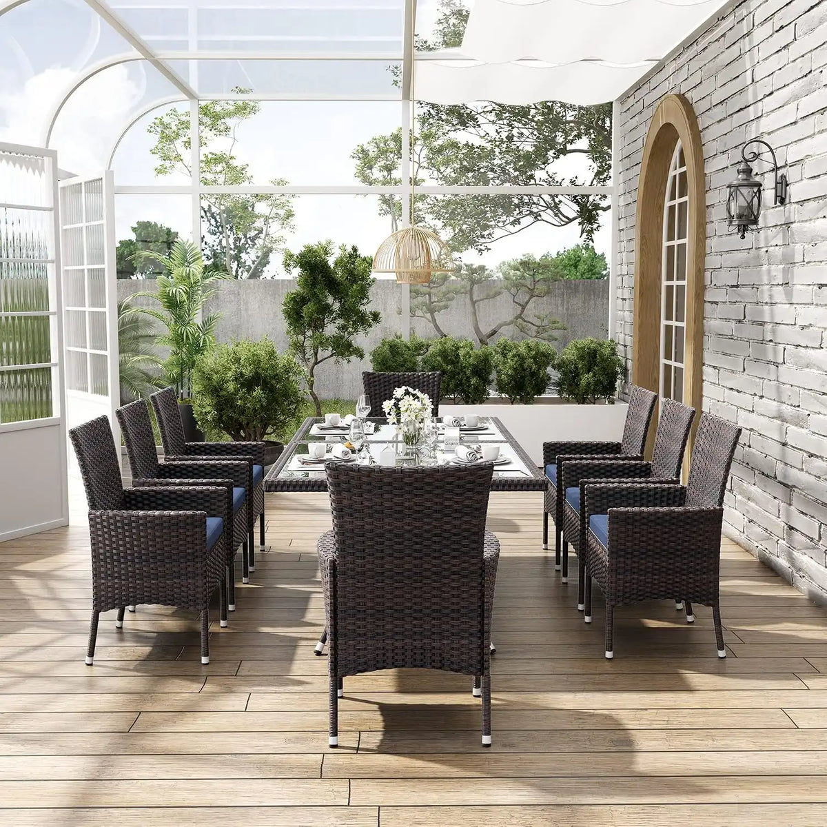 ALAULM 10 Piece Patio Dining Set All-Weather Wicker Outdoor Dining Table and Chairs w/Tempered Glass Tabletop, Removable Cushions and Umbrella Hole for Patio, Backyard, Garden, Poolside -DarkBu