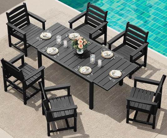 SERWALL 60" - 83" Expandable Outdoor Dining Table and 6 HDPE Chairs, Black