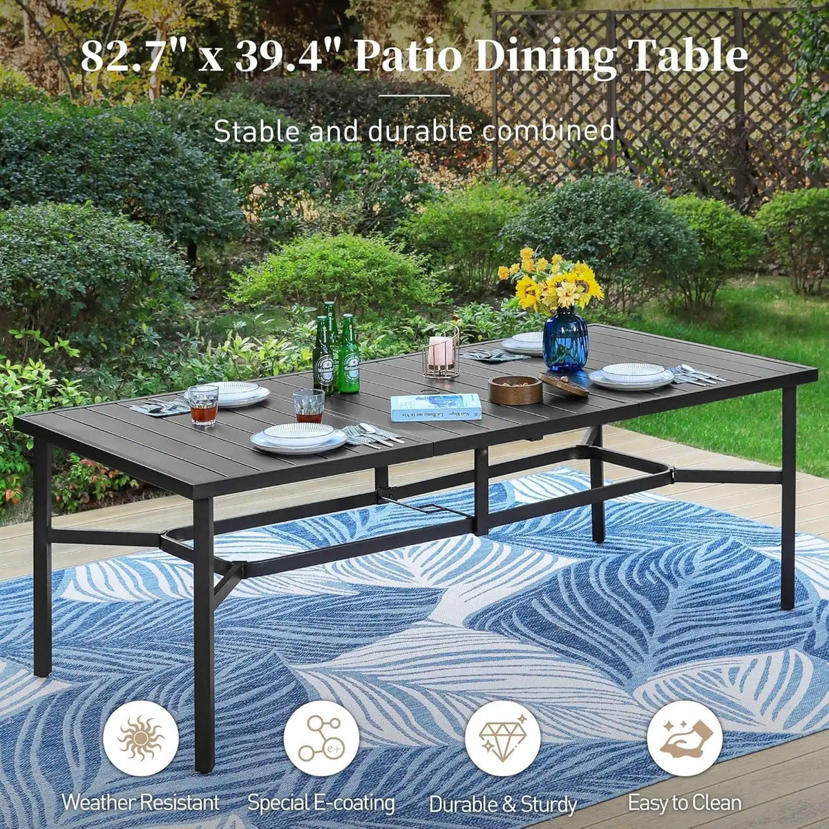 SUNSHINE VALLEY 9pc Patio Dining Set, 83" Metal Table & 8 Rattan Chairs